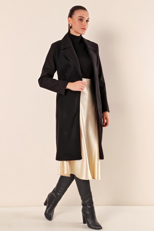 9095 Kruvaze Yaka Kaşe Kaban - Siyah