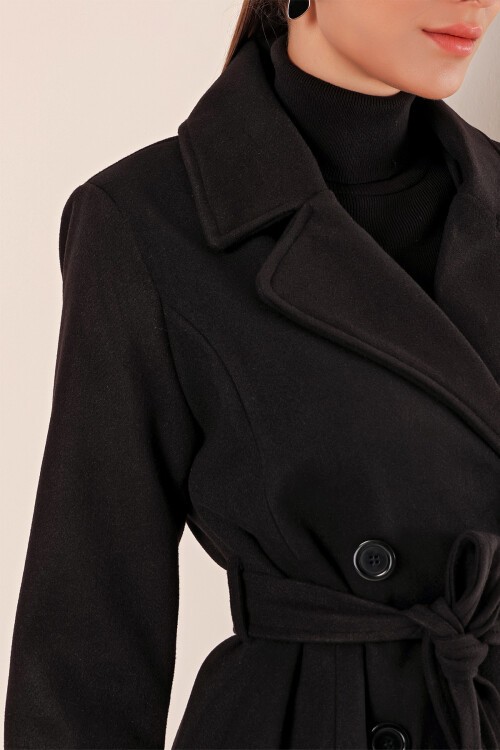 9095 Kruvaze Yaka Kaşe Kaban - Siyah