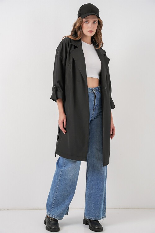 9104 Kruvaze Yaka Astarlı Trençkot - Siyah