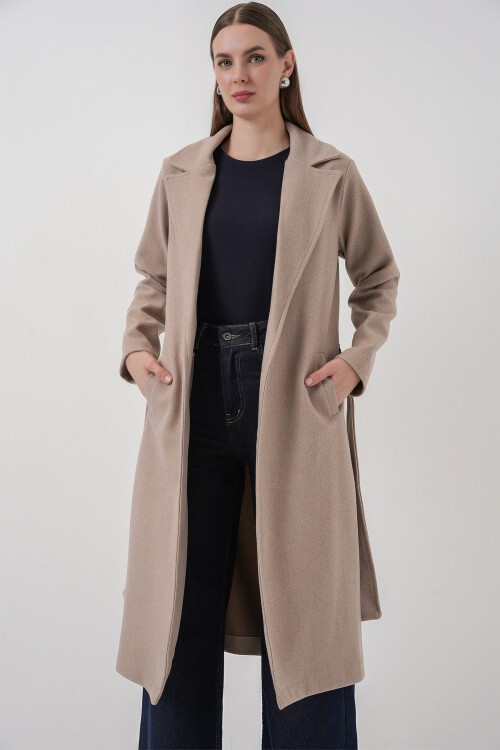 9118 Kruvaze Yaka Kaşe Kaban - A.Bej