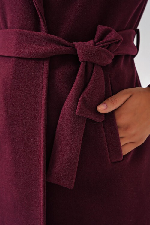 9118 Kruvaze Yaka Kaşe Kaban - Bordo