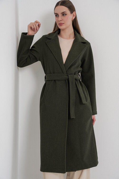 9118 Kruvaze Yaka Kaşe Kaban - Haki