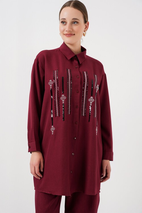 Desenli Tunik Pantolon İkili Takım 6720 - Bordo
