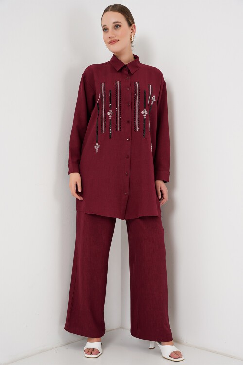 Desenli Tunik Pantolon İkili Takım 6720 - Bordo