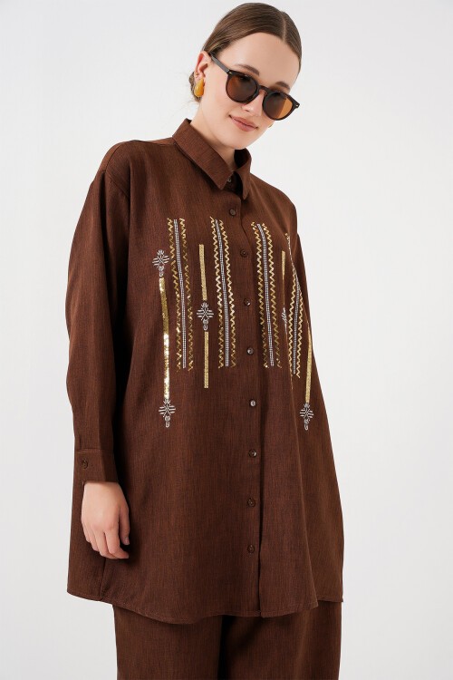 Desenli Tunik Pantolon İkili Takım 6720 - Kahverengi