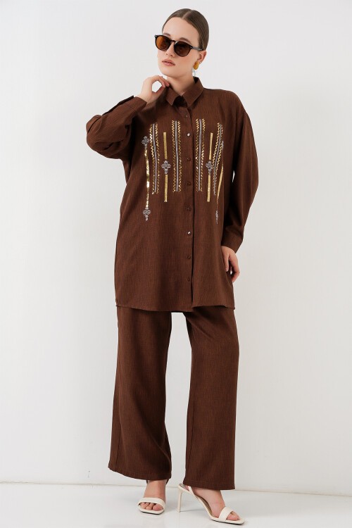 Desenli Tunik Pantolon İkili Takım 6720 - Kahverengi