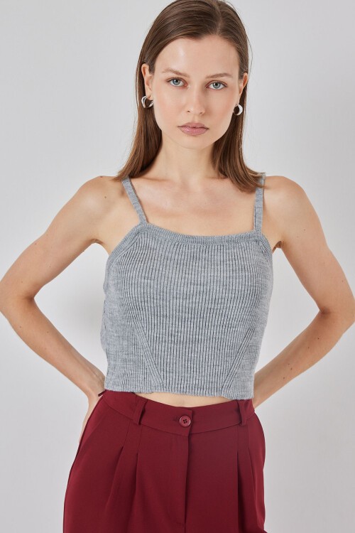 Kadın Askılı Crop Top Bluz 15934 - Gri
