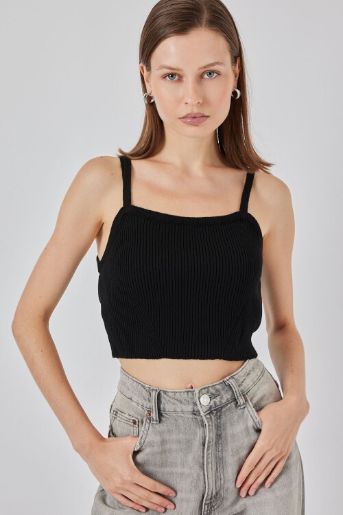 Kadın Askılı Crop Top Bluz 15934 - Siyah