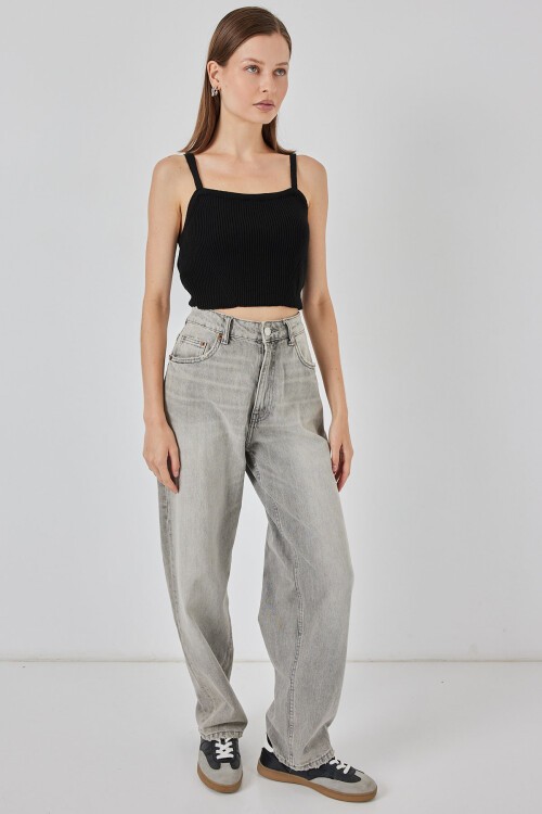 Kadın Askılı Crop Top Bluz 15934 - Siyah