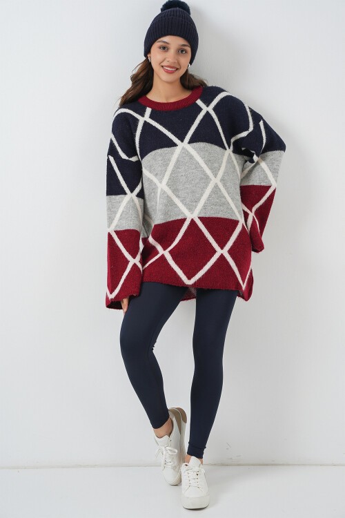 Kadın Baklava Desenli Oversize Uzun Kazak 15931 - Bordo