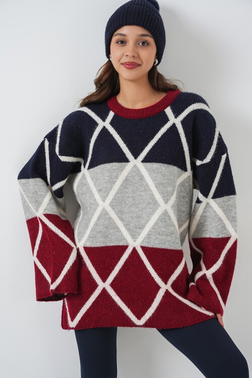 Kadın Baklava Desenli Oversize Uzun Kazak 15931 - Bordo