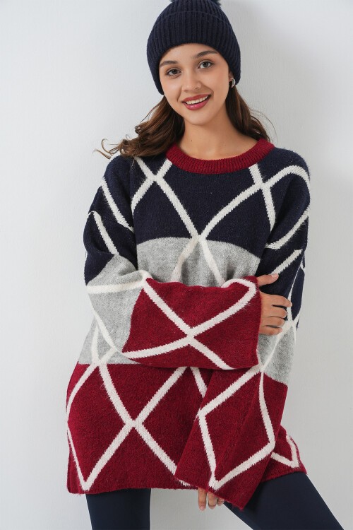 Kadın Baklava Desenli Oversize Uzun Kazak 15931 - Bordo