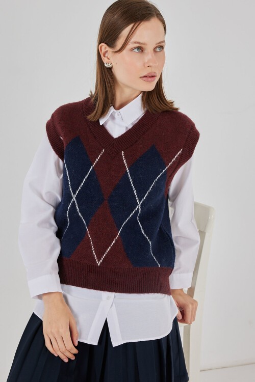 Kadın Baklava Desenli Süveter 15940 - Bordo