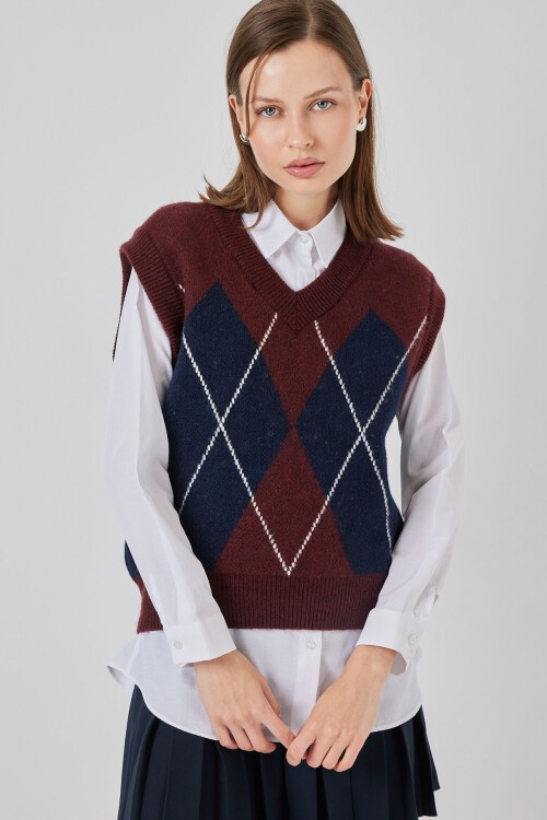 Kadın Baklava Desenli Süveter 15940 - Bordo