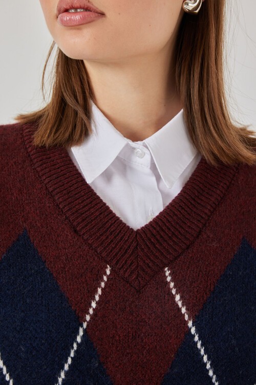 Kadın Baklava Desenli Süveter 15940 - Bordo