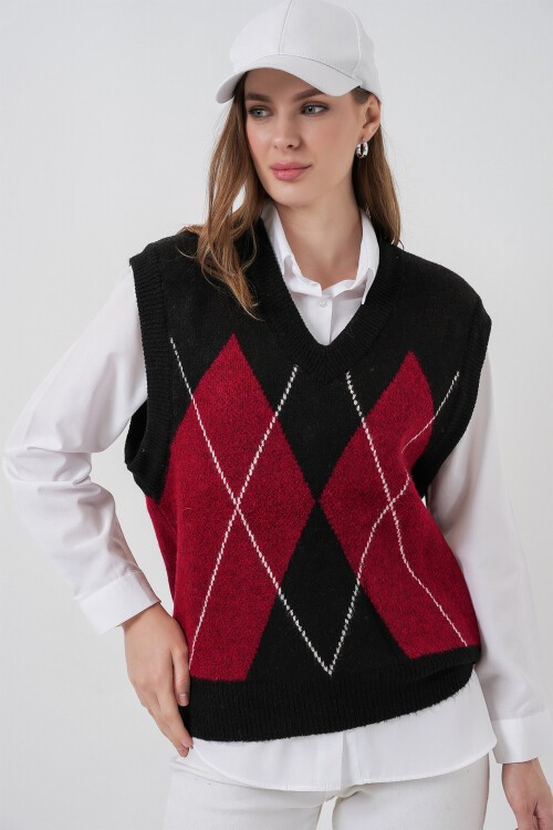 Kadın Baklava Desenli Süveter 15940 - Y.Siyah