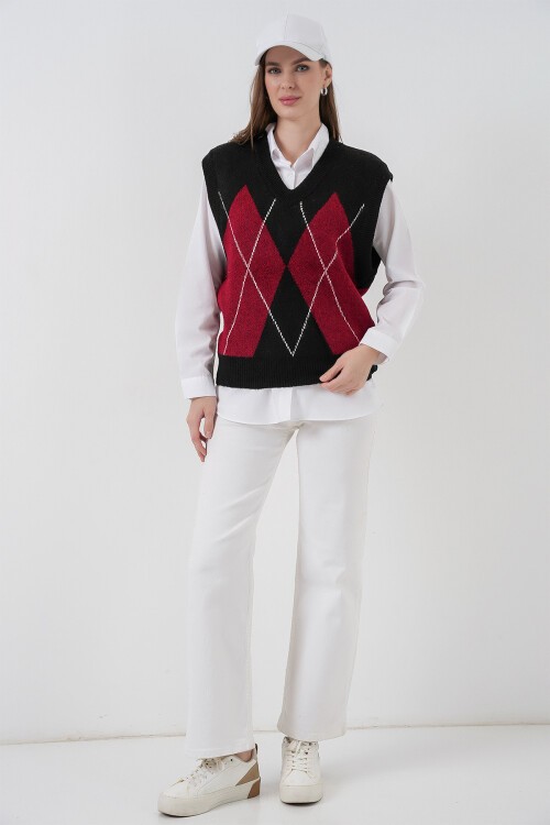 Kadın Baklava Desenli Süveter 15940 - Y.Siyah