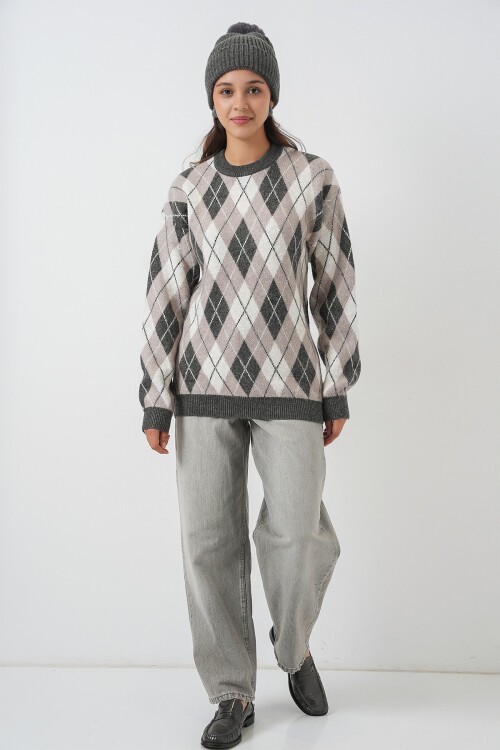 Kadın Baklava Desenli Triko Kazak 15929 - Gri