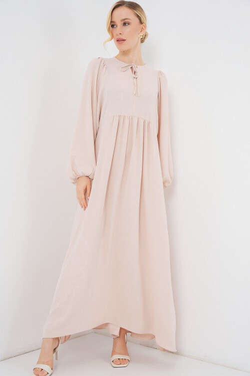 Kadın Balon Kol Uzun Tesettür Elbise 2464 - Krem