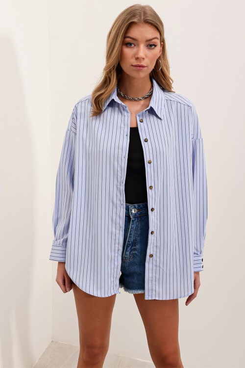Kadın Bebe Mavi Siyah Çizgili Oversize Uzun Basic Gömlek 3900