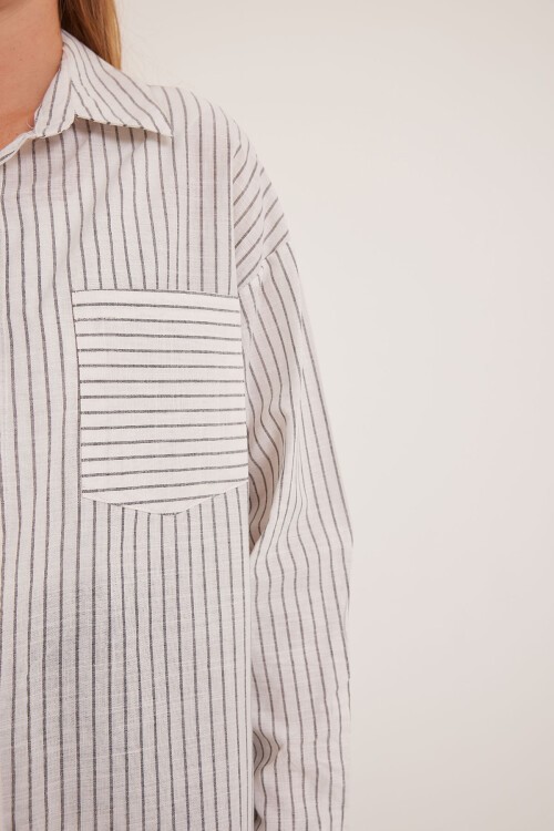 Kadın Beyaz Siyah Çizgili Oversize Keten Gömlek 20252