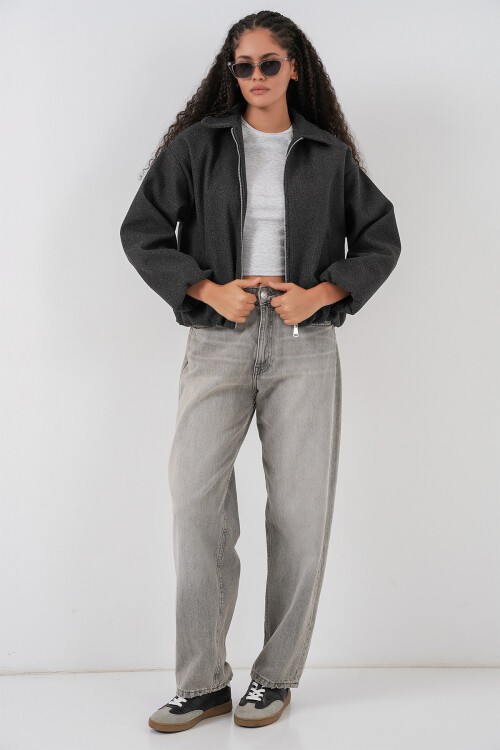 Kadın Büzgülü Oversize Kaşe Ceket 0728 - Antrasit