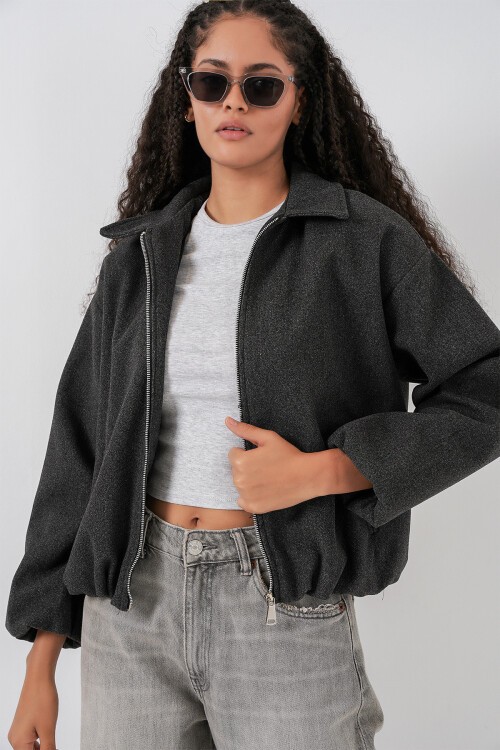 Kadın Büzgülü Oversize Kaşe Ceket 0728 - Antrasit