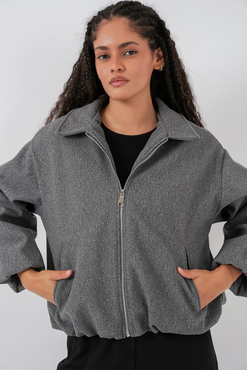 Kadın Büzgülü Oversize Kaşe Ceket 0728 - Gri