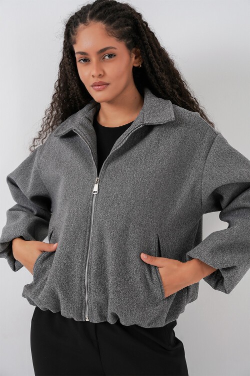 Kadın Büzgülü Oversize Kaşe Ceket 0728 - Gri