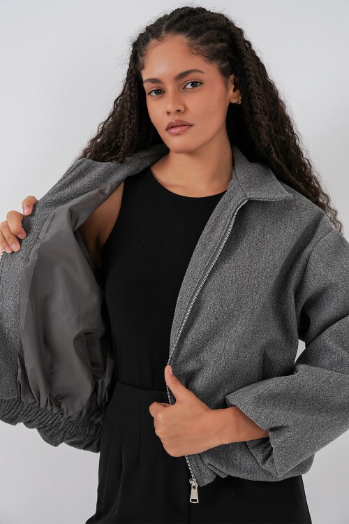 Kadın Büzgülü Oversize Kaşe Ceket 0728 - Gri