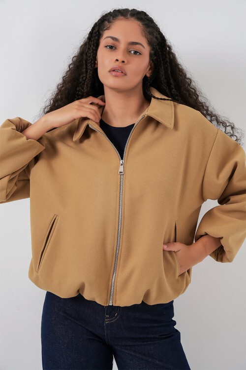 Kadın Büzgülü Oversize Kaşe Ceket 0728 - Hardal