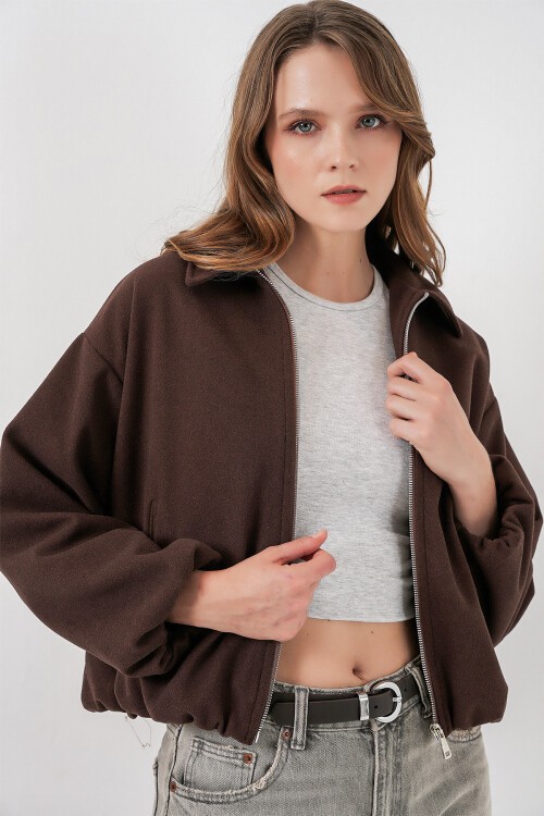 Kadın Büzgülü Oversize Kaşe Ceket 0728 - Kahverengi