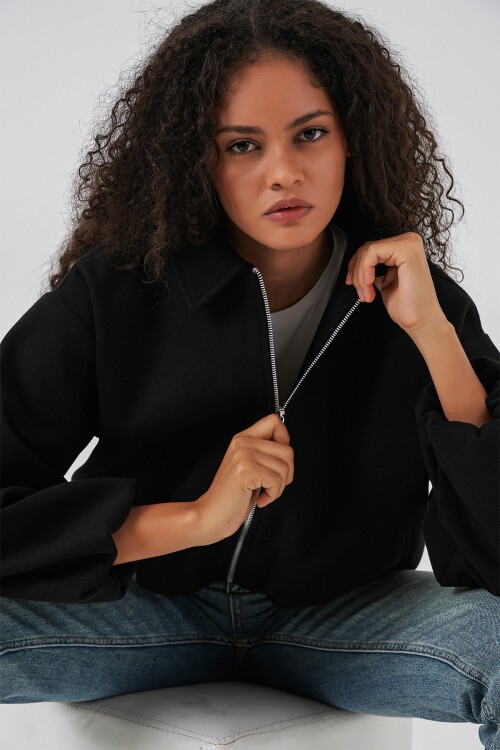 Kadın Büzgülü Oversize Kaşe Ceket 0728 - Siyah