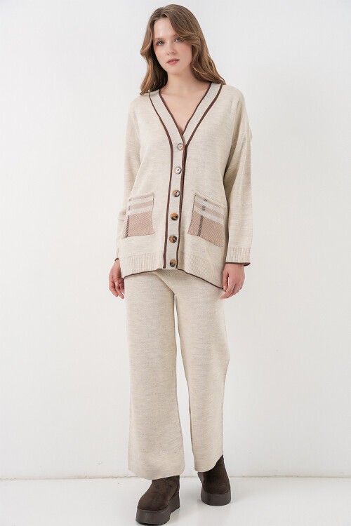 Kadın Cepli Hırka Triko İkili Takım 15964 - Ekru