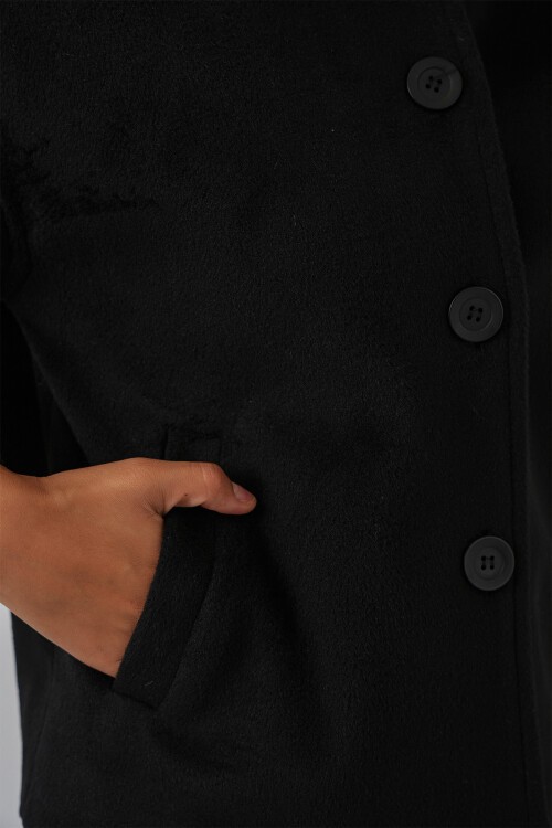 Kadın Cepli Kruvaze Uzun Kollu Kısa Kaşe Ceket 0724 - Siyah