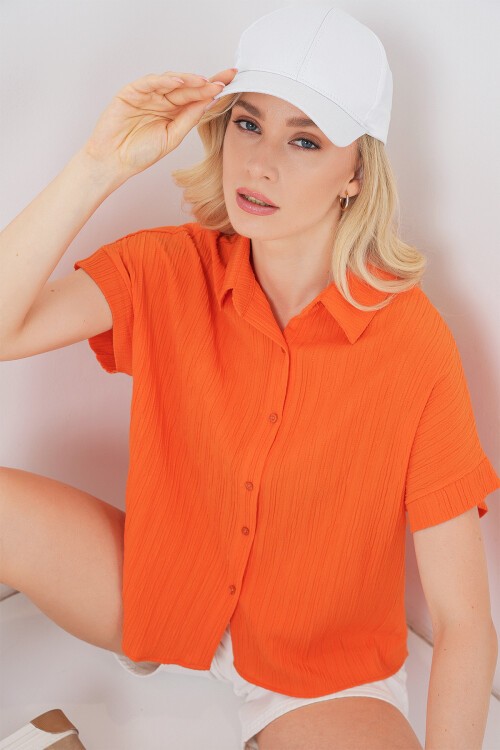 Kadın Çizgili Kısa Kol Gömlek 20324 - Turuncu