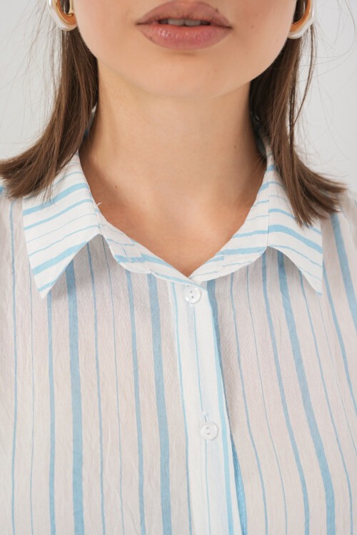 Kadın Çizgili Kısa Kol Gömlek 20345 - A.Mavi