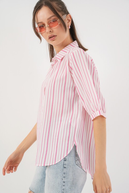 Kadın Çizgili Kısa Kol Gömlek 20345 - Pudra