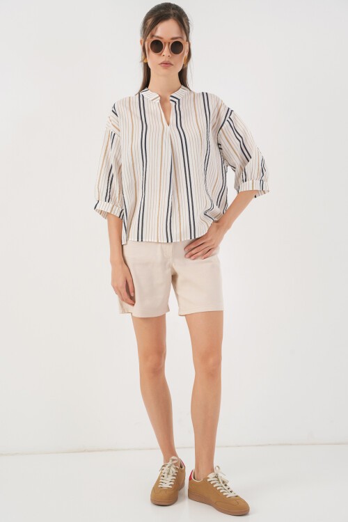Kadın Çizgili Oversize Bluz 967 - Bej