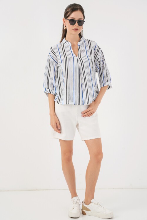 Kadın Çizgili Oversize Bluz 967 - Lacivert