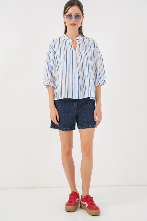 Kadın Çizgili Oversize Bluz 967 - Mavi