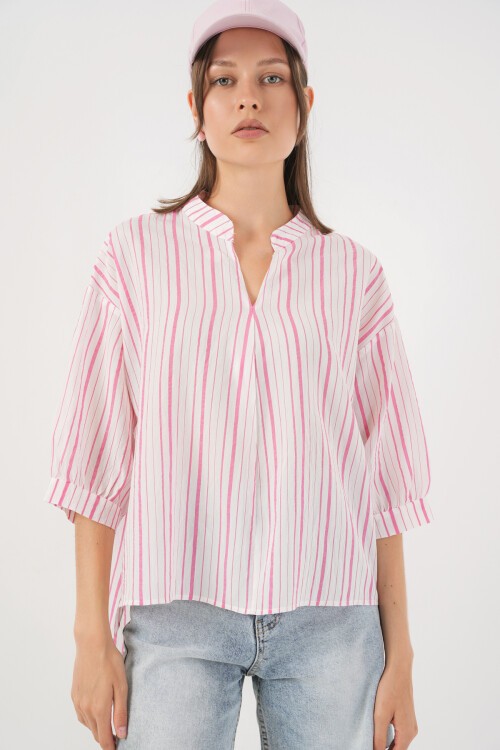 Kadın Çizgili Oversize Bluz 967 - Pudra
