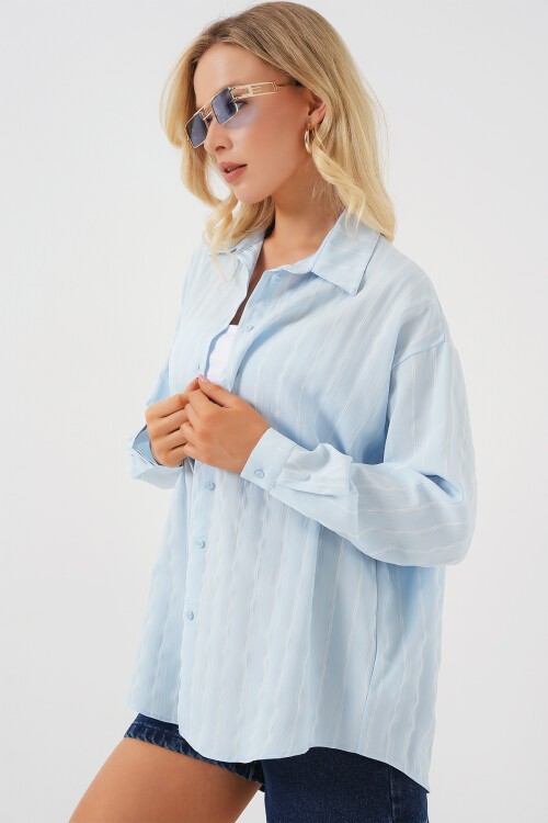 Kadın Çizgili Oversize Gömlek 20293 - Mavi