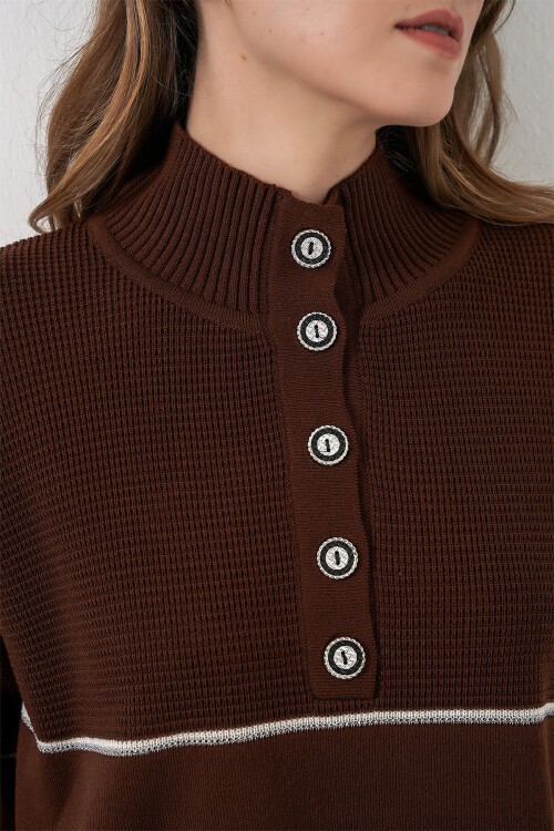 Kadın Çizgili Oversize Triko İkili Takım 15957 - Kahverengi