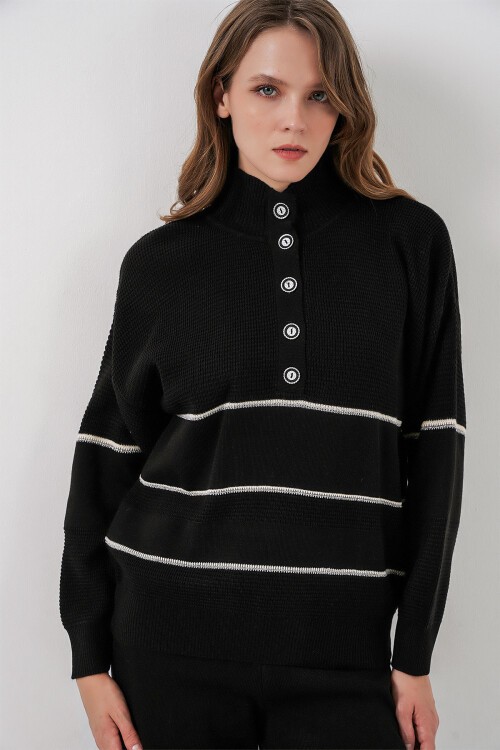 Kadın Çizgili Oversize Triko İkili Takım 15957 - Siyah