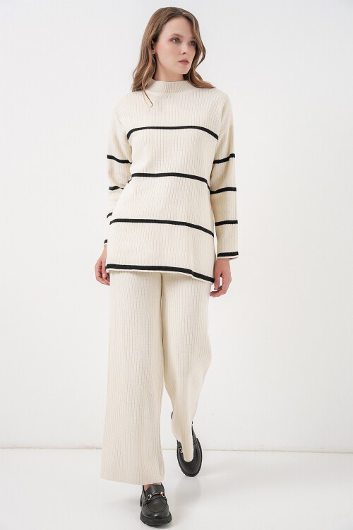 Kadın Çizgili Oversize Triko İkili Takım 15959 - Ekru