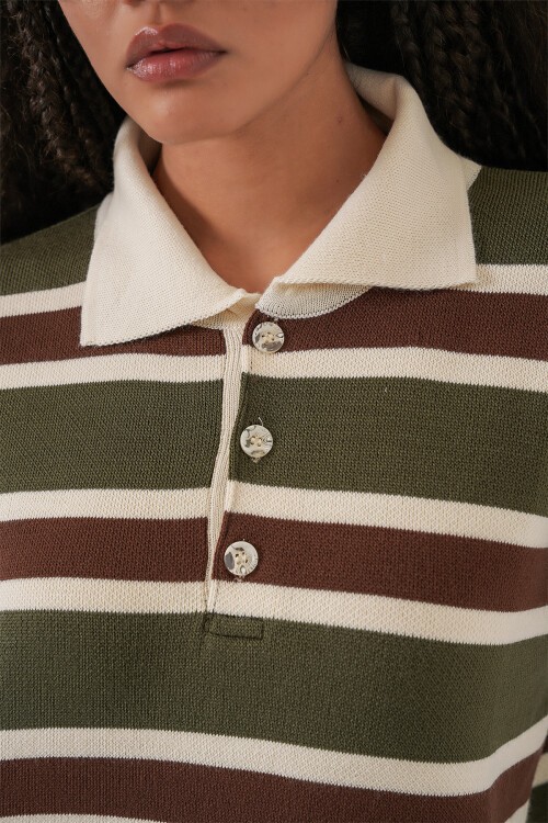 Kadın Çizgili Polo Yaka Triko Kazak 15952 - Haki