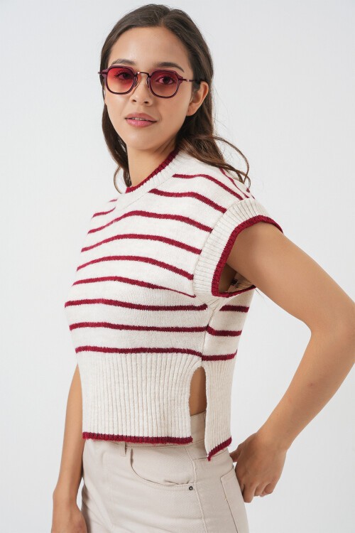 Kadın Çizgili Triko Süveter 15926 - Bordo