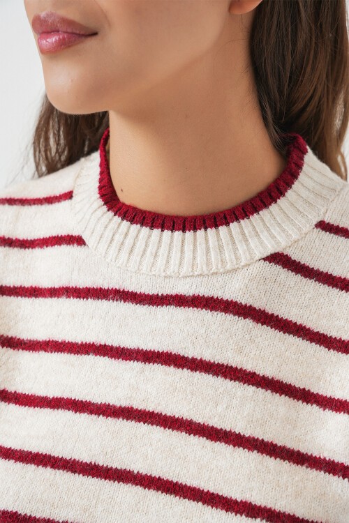 Kadın Çizgili Triko Süveter 15926 - Bordo