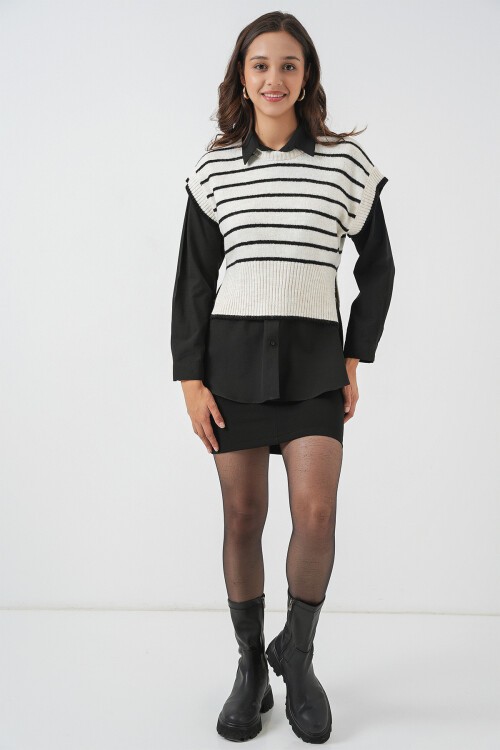 Kadın Çizgili Triko Süveter 15926 - Ekru